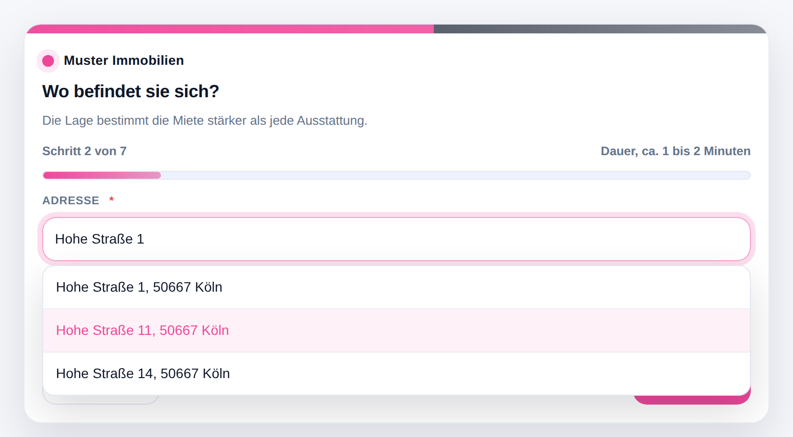 Adressfeld mit automatisch vervollständigten Vorschlägen