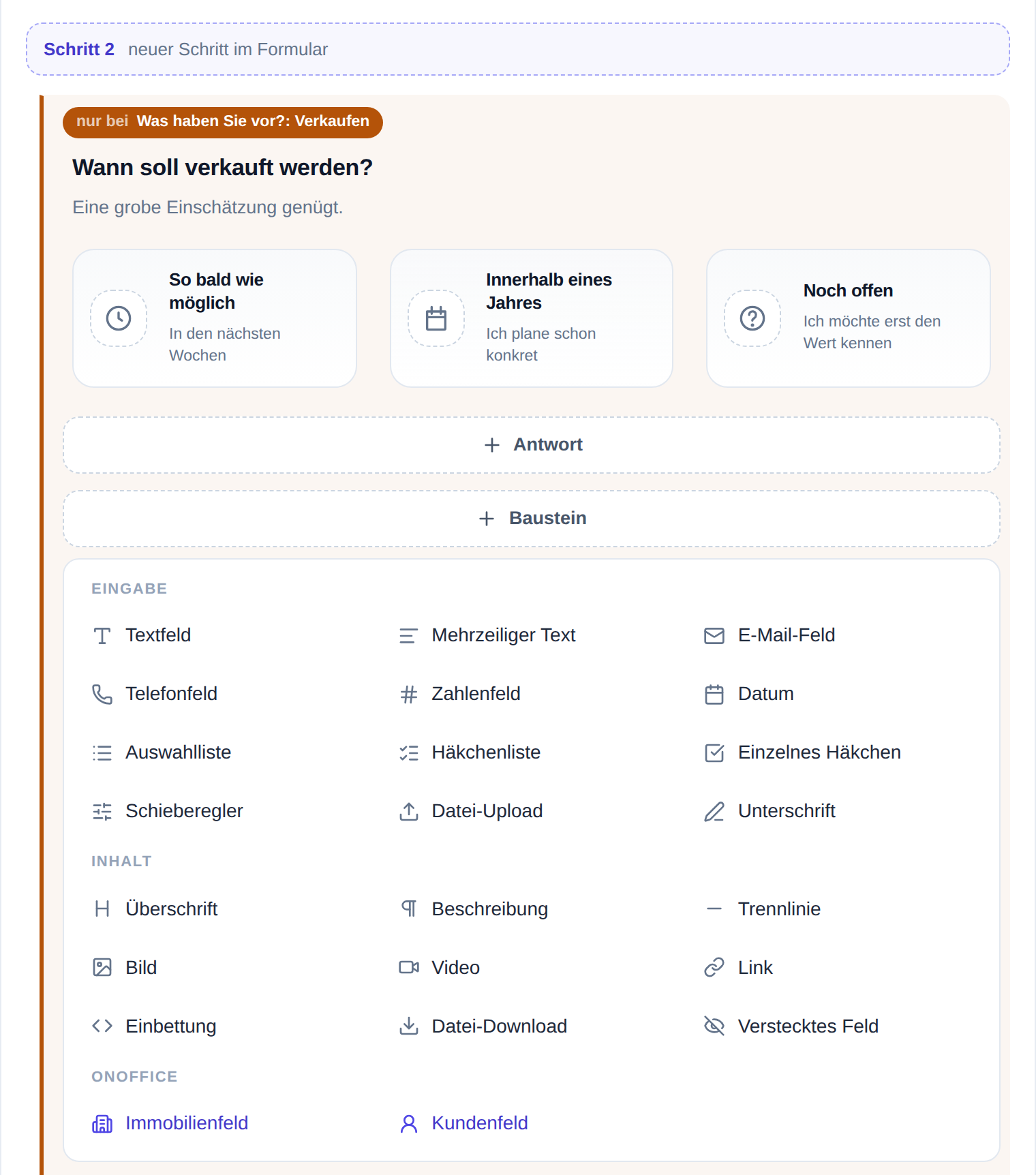 Der Casalead Formular-Baukasten mit bedingten Schritten, Eingaben, Inhalten und onOffice-Feldern