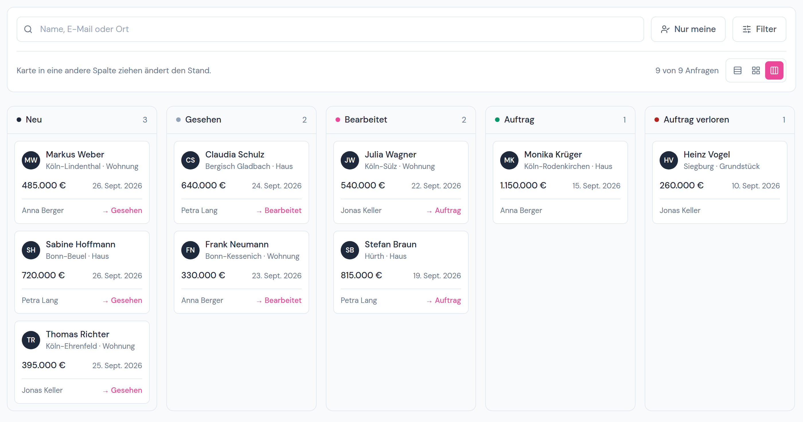 Anfragen im Casalead Dashboard als Kanban-Board