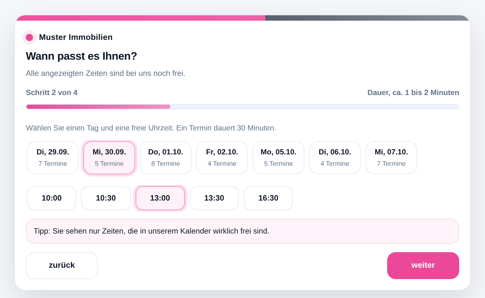 Ein Interessent wählt einen freien Termin im Formular