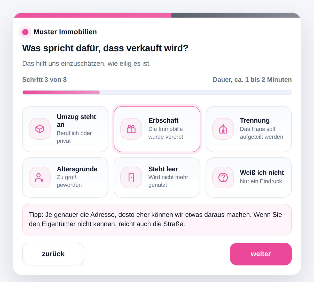 Tippgeber-Formular für einen möglichen Immobilienverkauf
